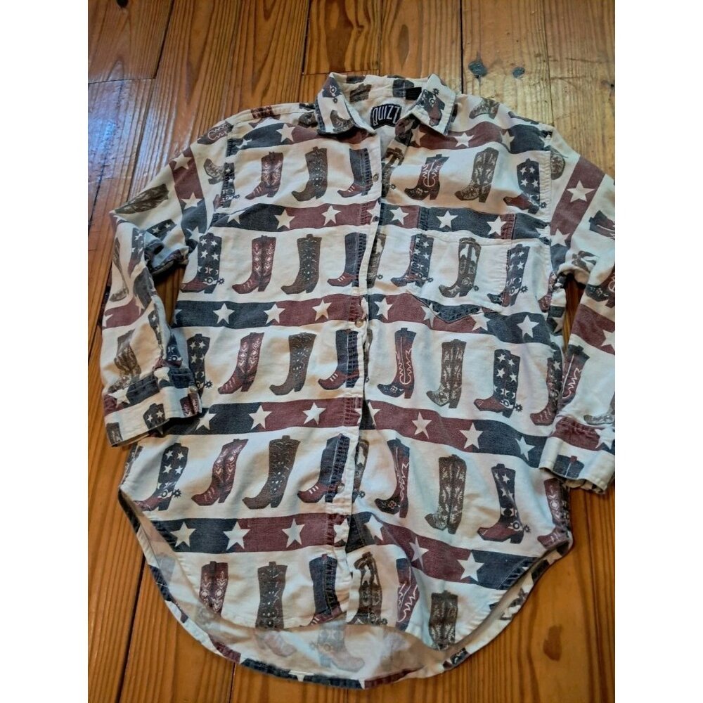 Vintage Quizz Shirt Mens Large Western Cowboy Horses Red White Blue 90s USA